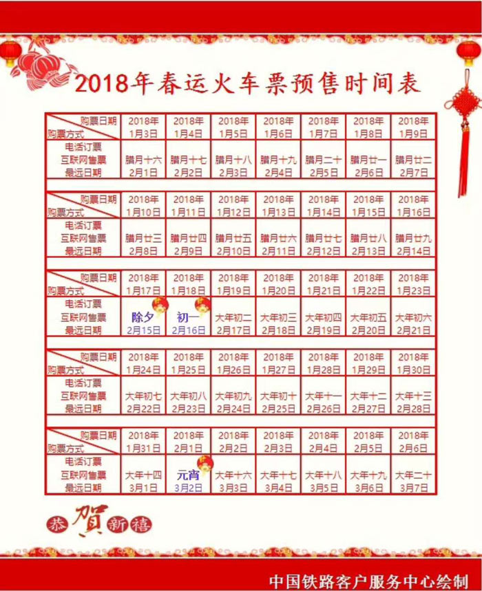 2018年春運(yùn)火車(chē)預(yù)售時(shí)間表
