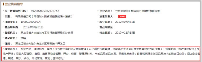 中匯城國(guó)際五金建材公司經(jīng)營(yíng)范圍截圖