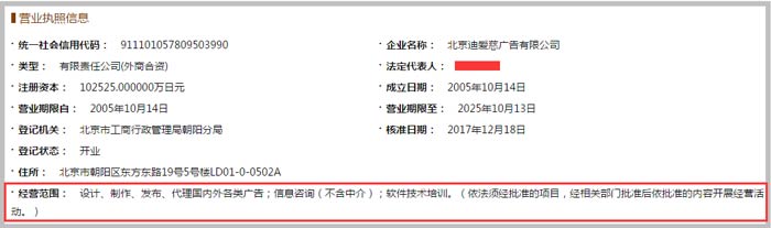 廣告有限公司經(jīng)營范圍截圖