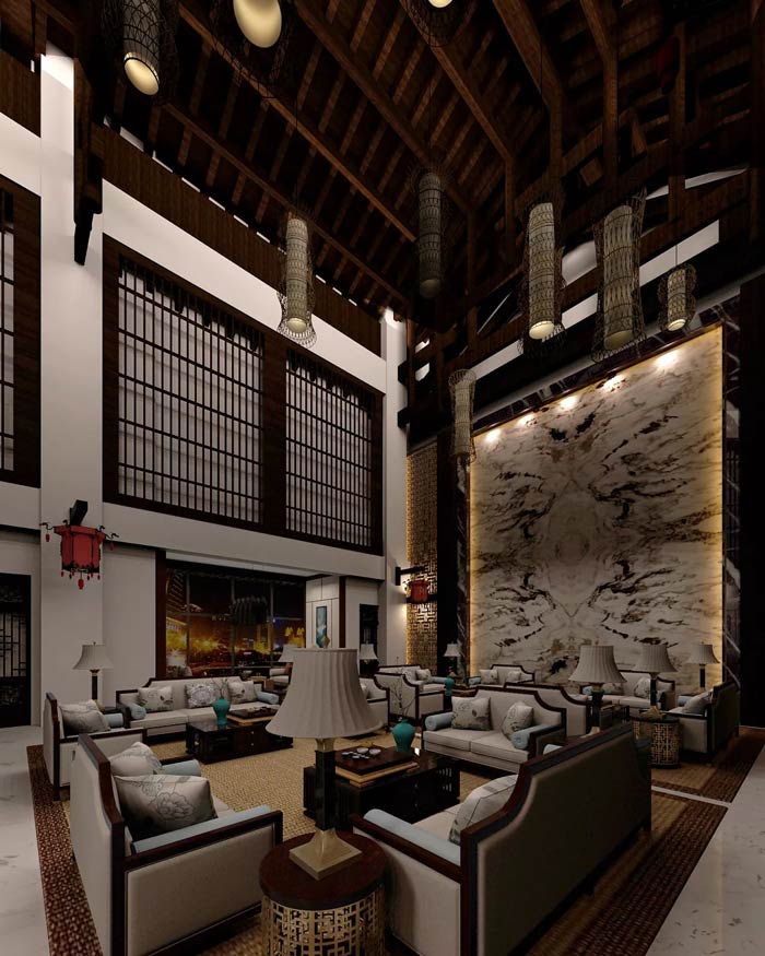 大型中式餐廳接待區(qū)裝修設(shè)計(jì)效果圖