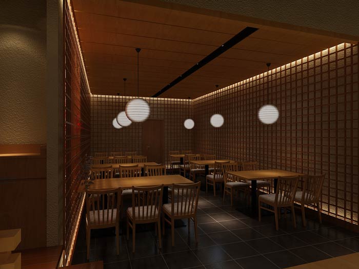 日本料理餐廳餐區(qū)裝修設(shè)計效果圖