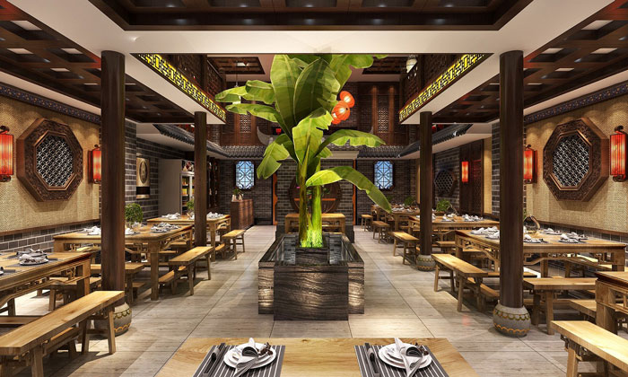 中式川菜館一樓餐區(qū)裝修設(shè)計(jì)效果圖